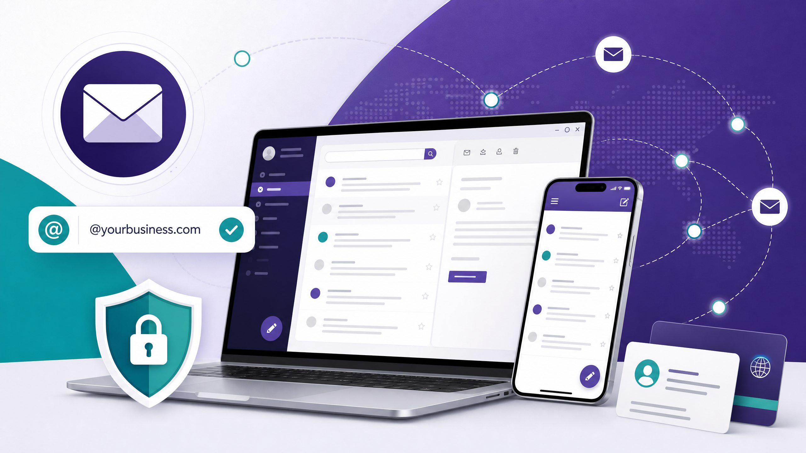 Email bisnis profesional dengan domain sendiri pada perangkat laptop dan smartphone